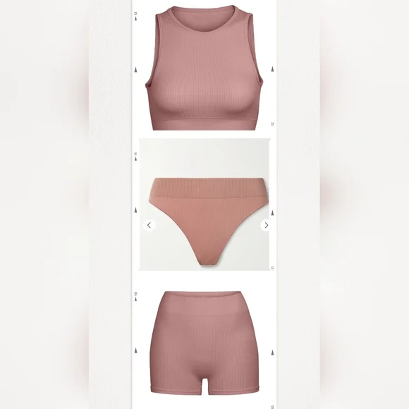 3pcs-SKIMS STRETCH RIB BUNDLE IN ROSE CLAY/NWT/S/M- THONG, SHORT & HIGH NECK BRA - Picture 3 of 16